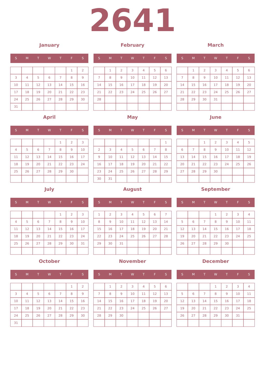 Printable 2641 Year Calendars puce