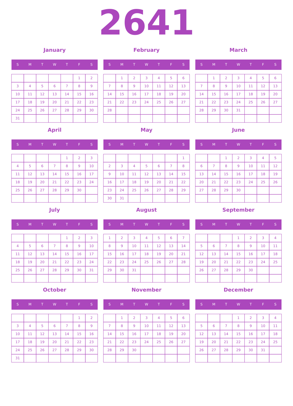 Printable 2641 Year Calendars purple