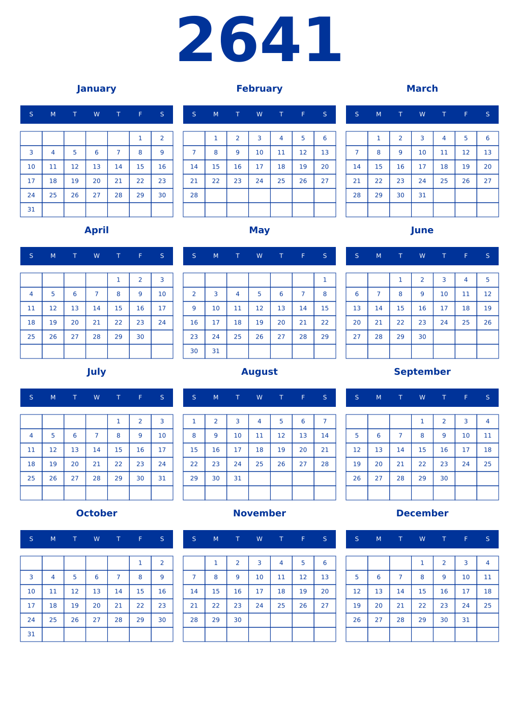 Printable 2641 Year Calendars smalt