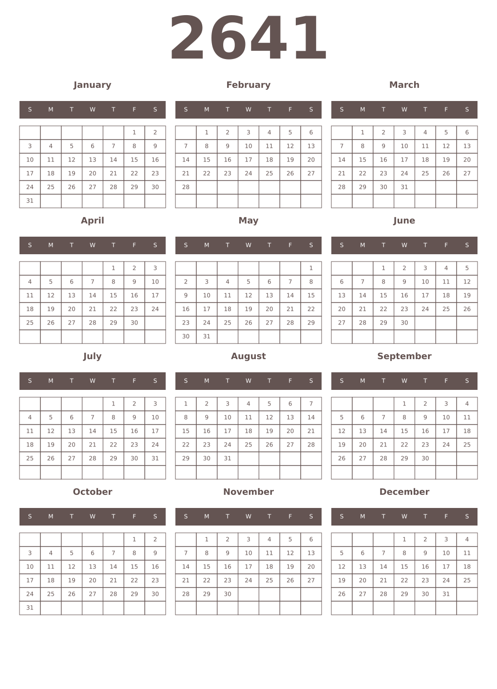 Printable 2641 Year Calendars wenge