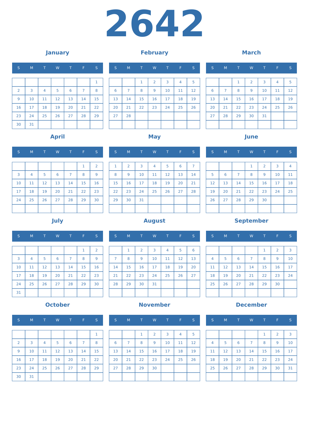 Printable 2642 Year Calendars blue