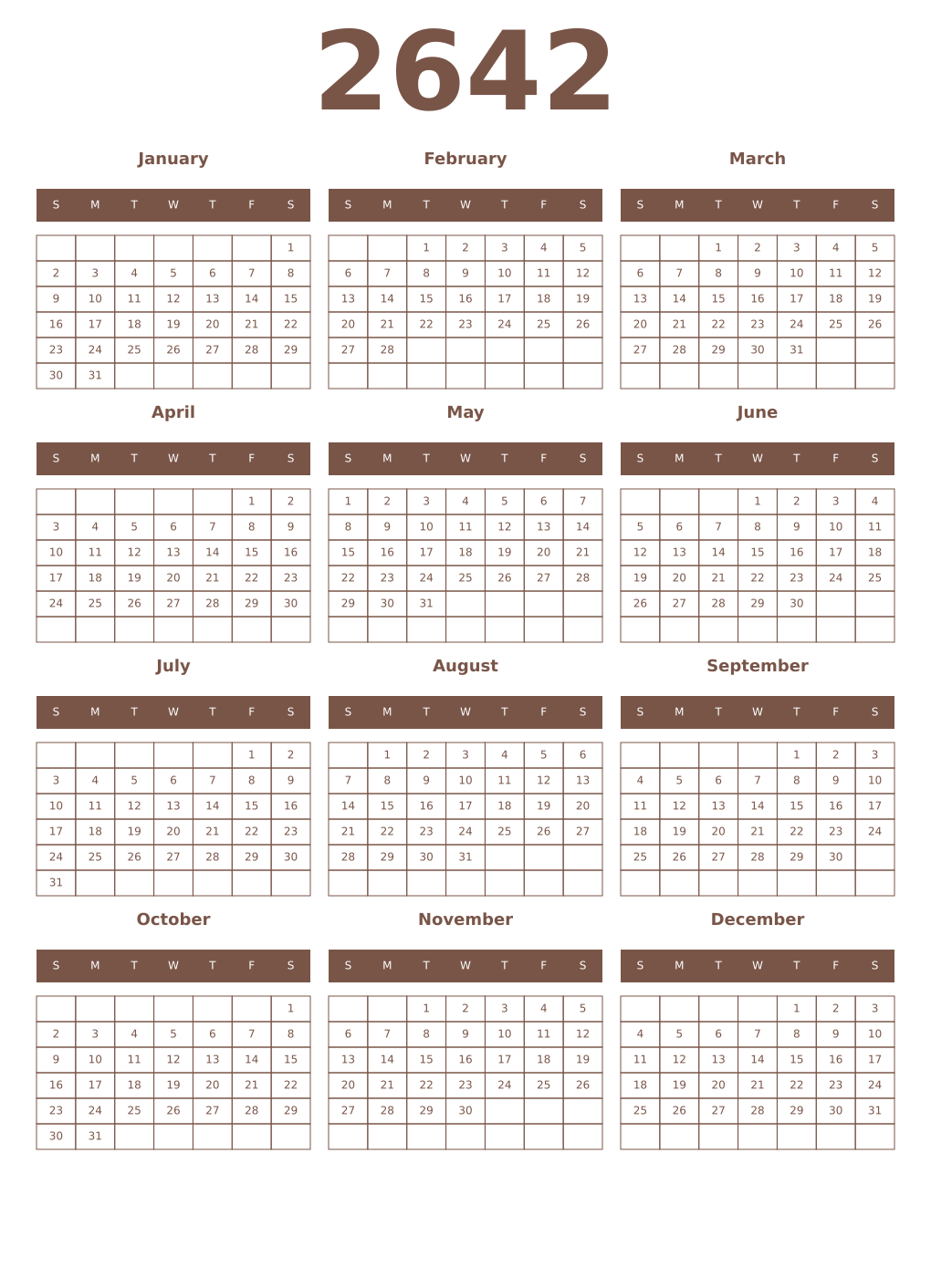 Printable 2642 Year Calendars coffe