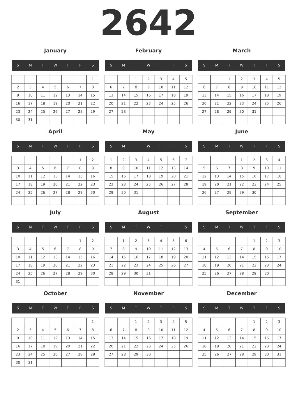 Printable 2642 Year Calendars dark