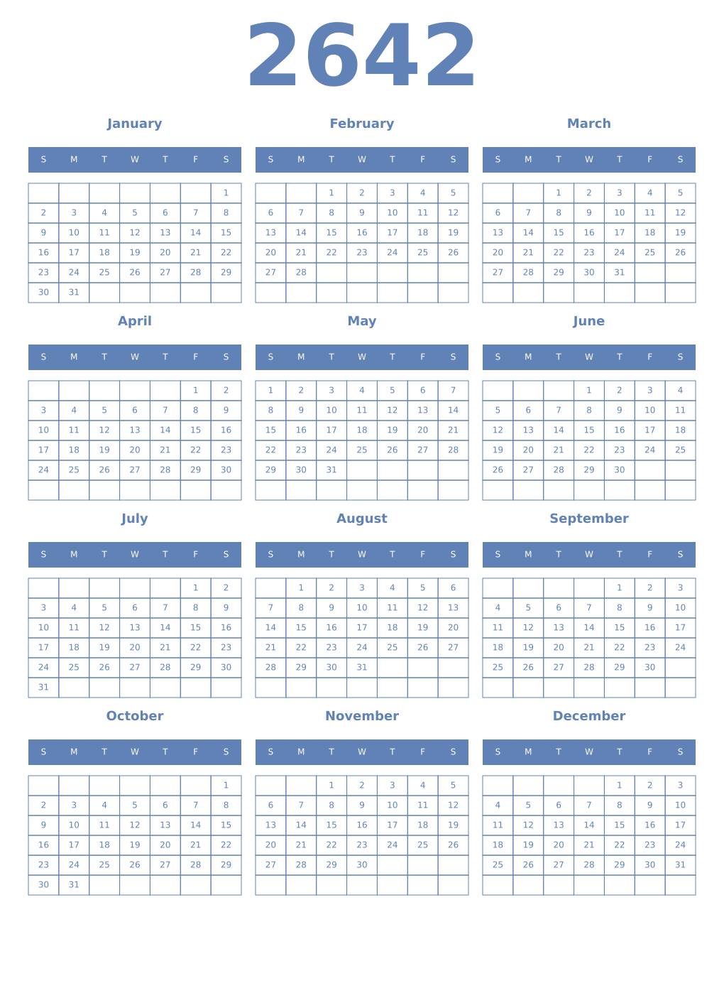 Printable 2642 Year Calendars glaucous