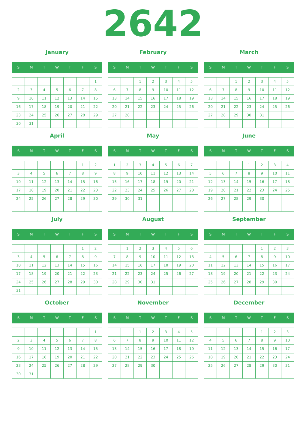Printable 2642 Year Calendars green