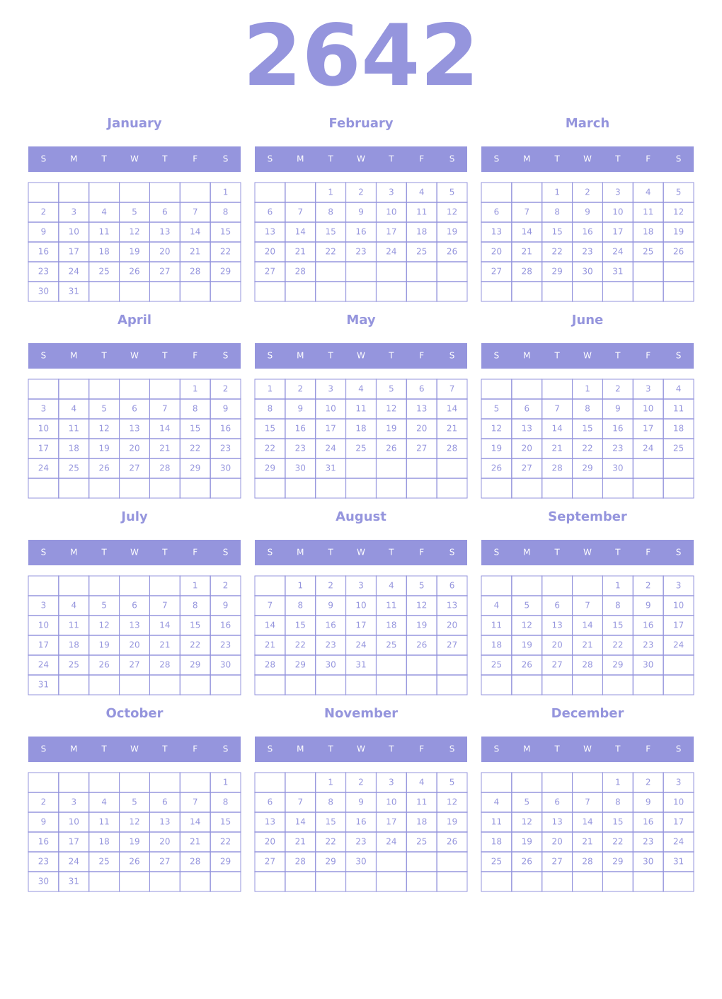 Printable 2642 Year Calendars periwinkle