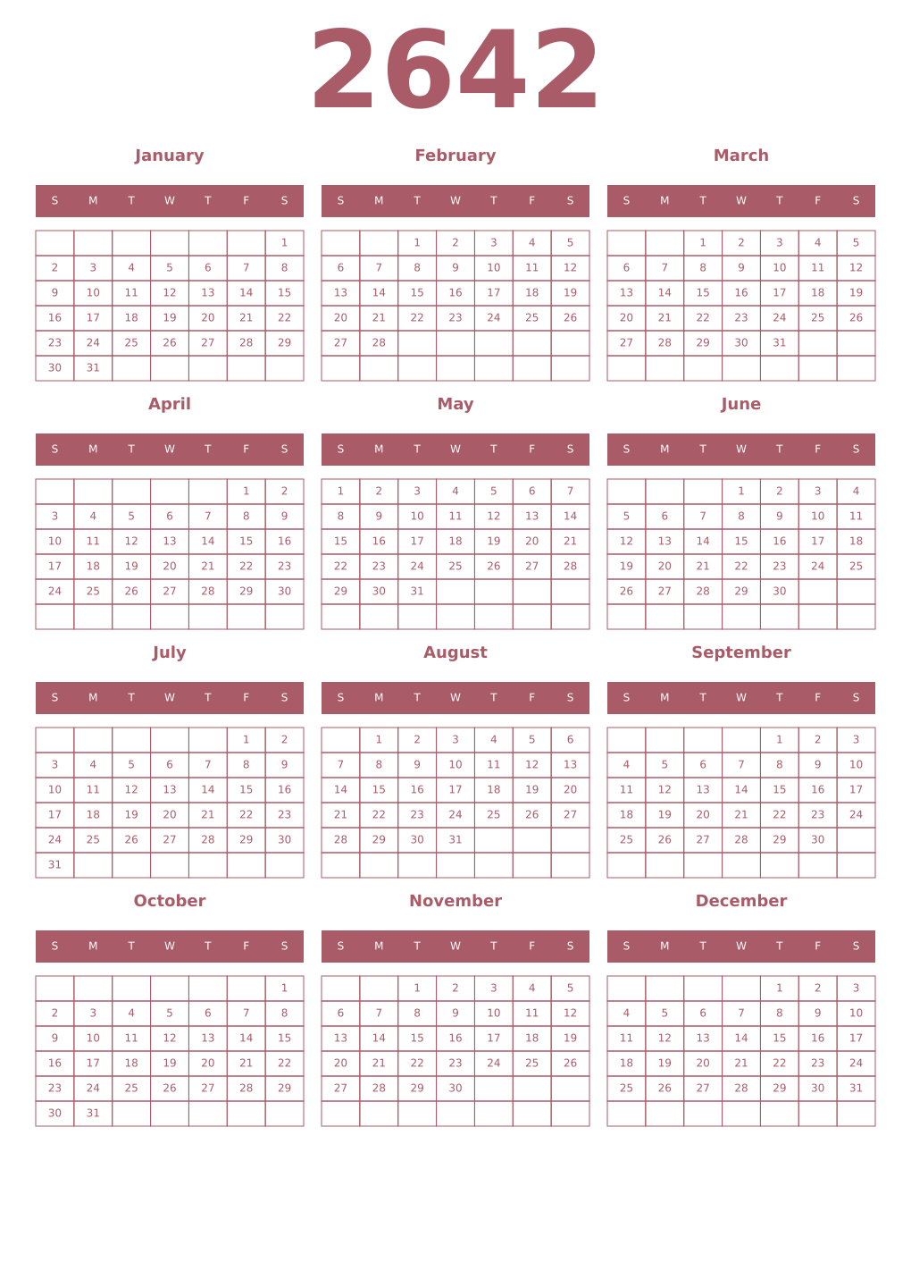 Printable 2642 Year Calendars puce