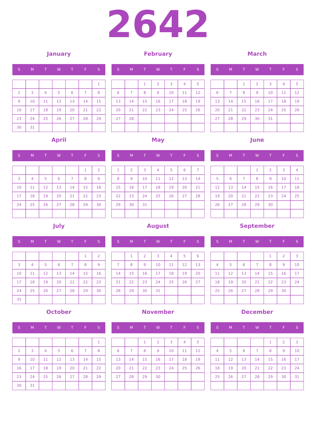 Printable 2642 Year Calendars purple