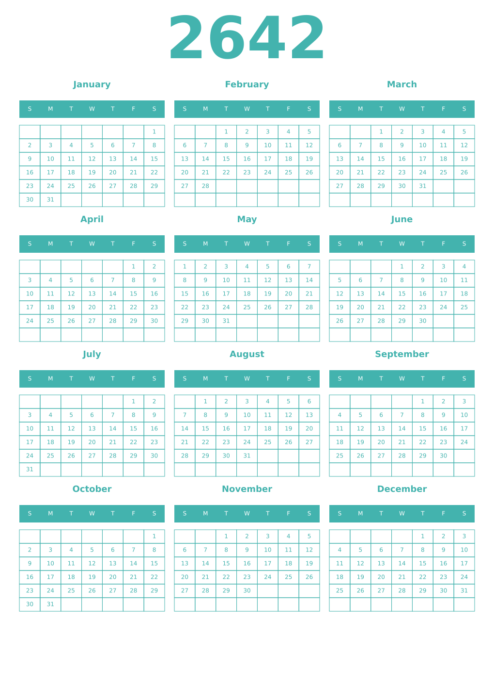 Printable 2642 Year Calendars verdigris
