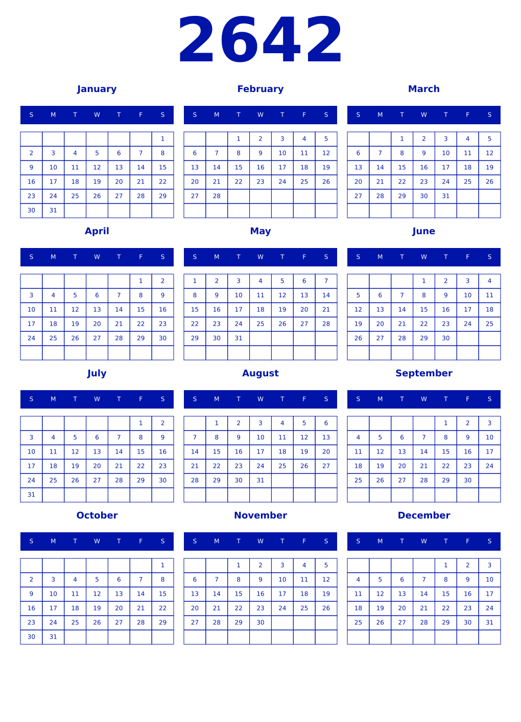 Printable 2642 Year Calendars zaffre