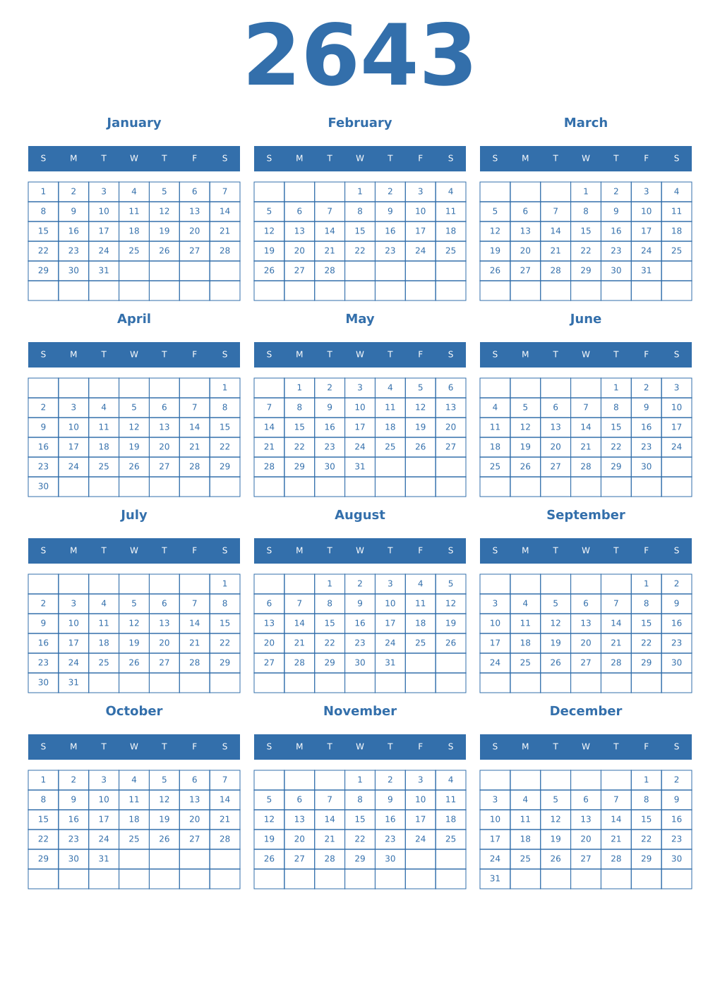 Printable 2643 Year Calendars blue