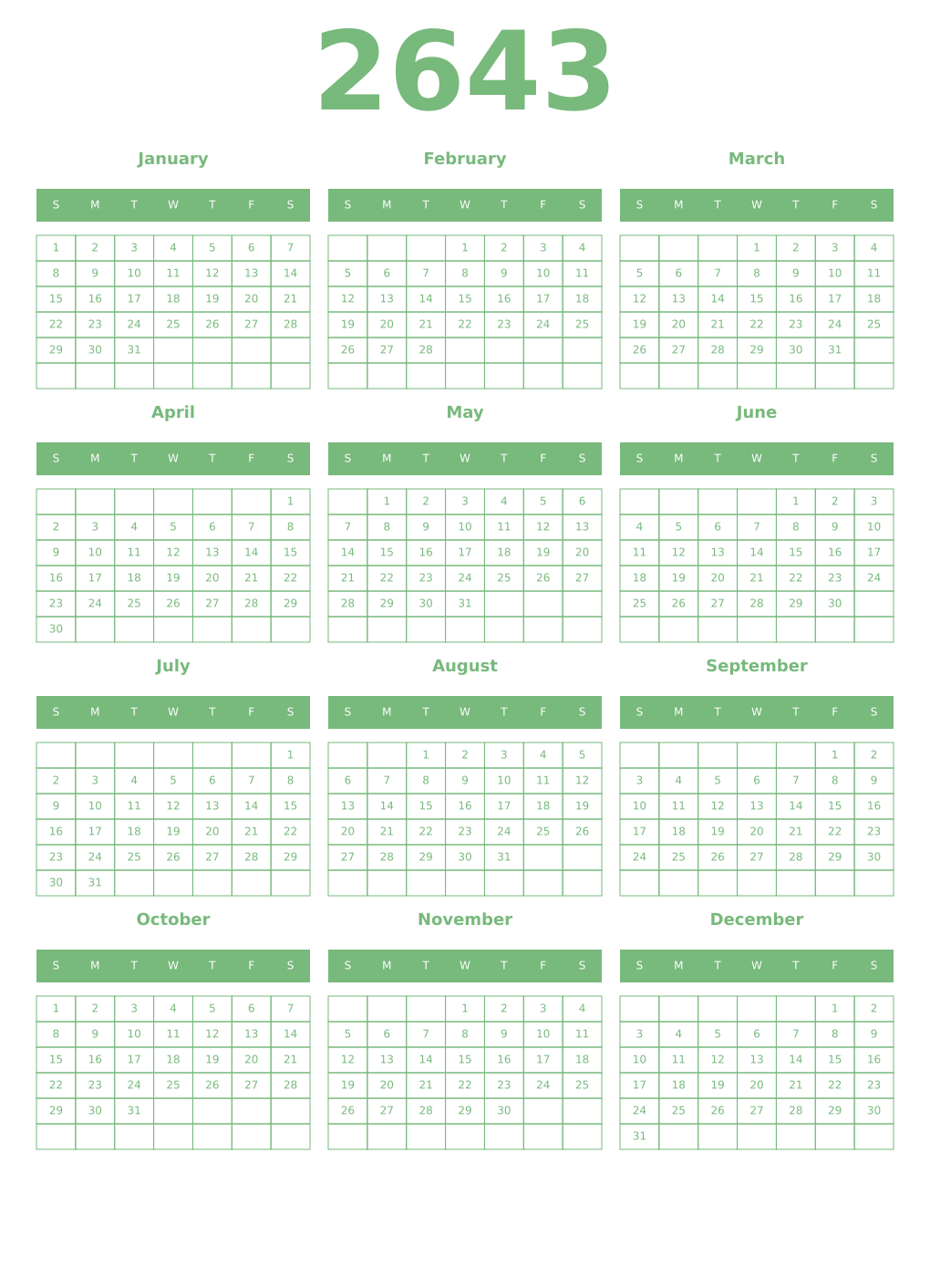 Printable 2643 Year Calendars celadon