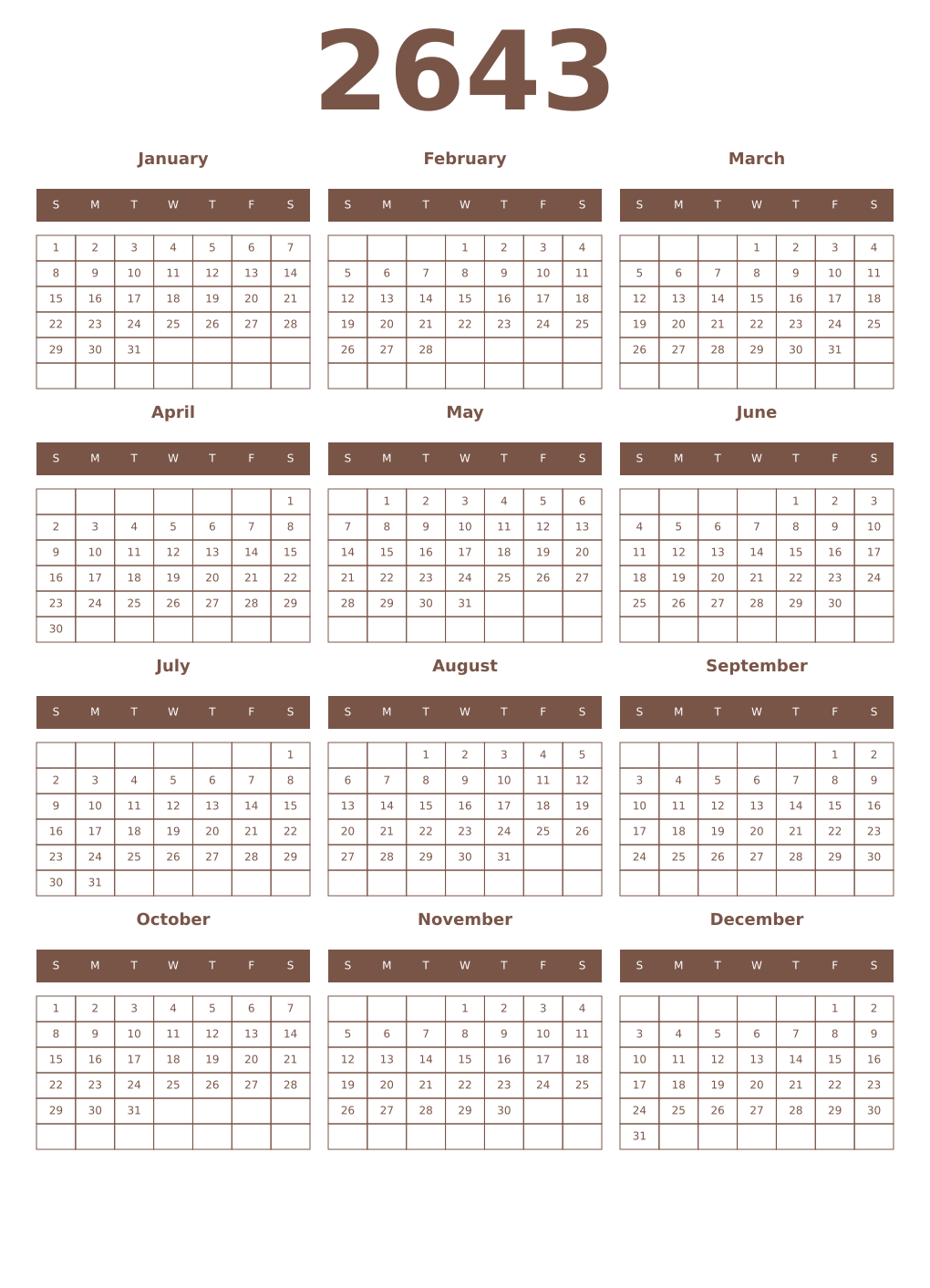 Printable 2643 Year Calendars coffe