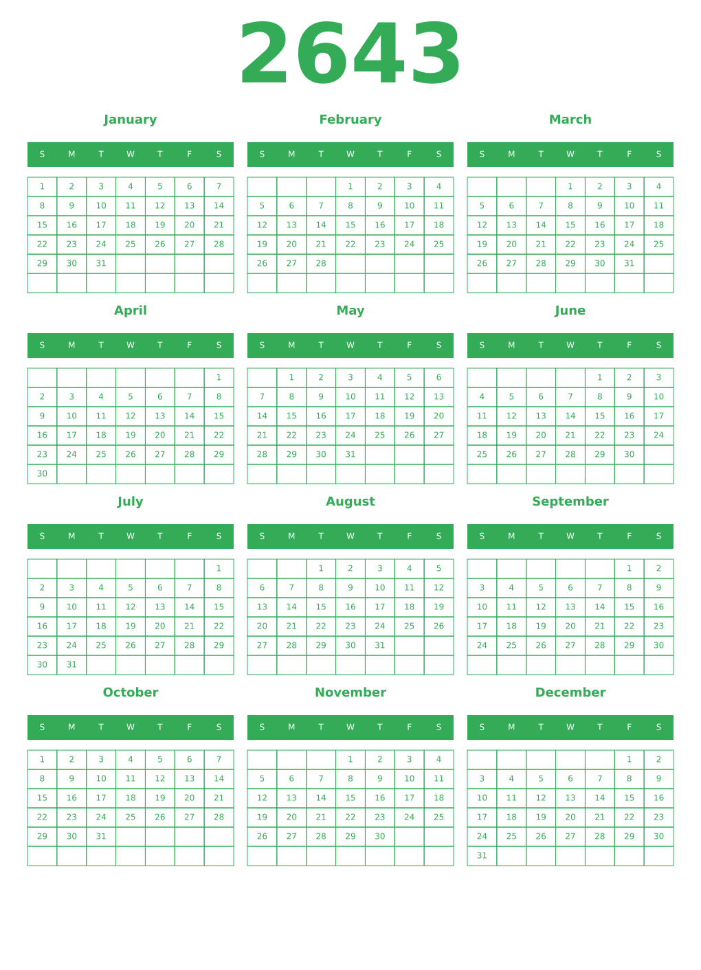 Printable 2643 Year Calendars green