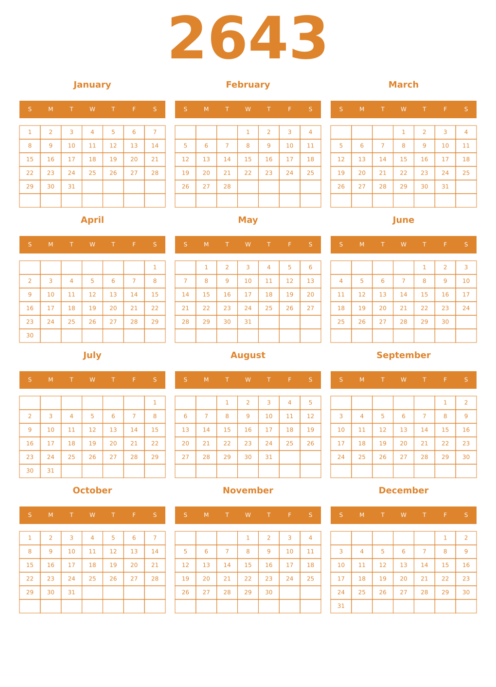 Printable 2643 Year Calendars orange