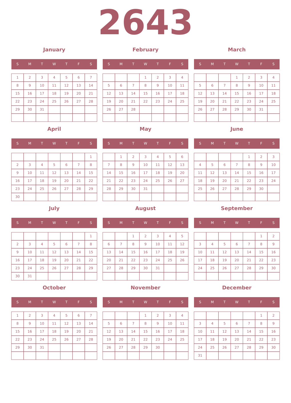 Printable 2643 Year Calendars puce