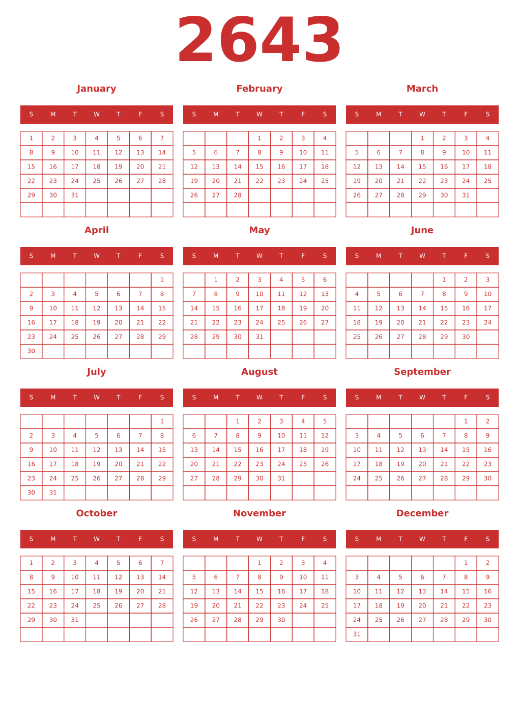 Printable 2643 Year Calendars red