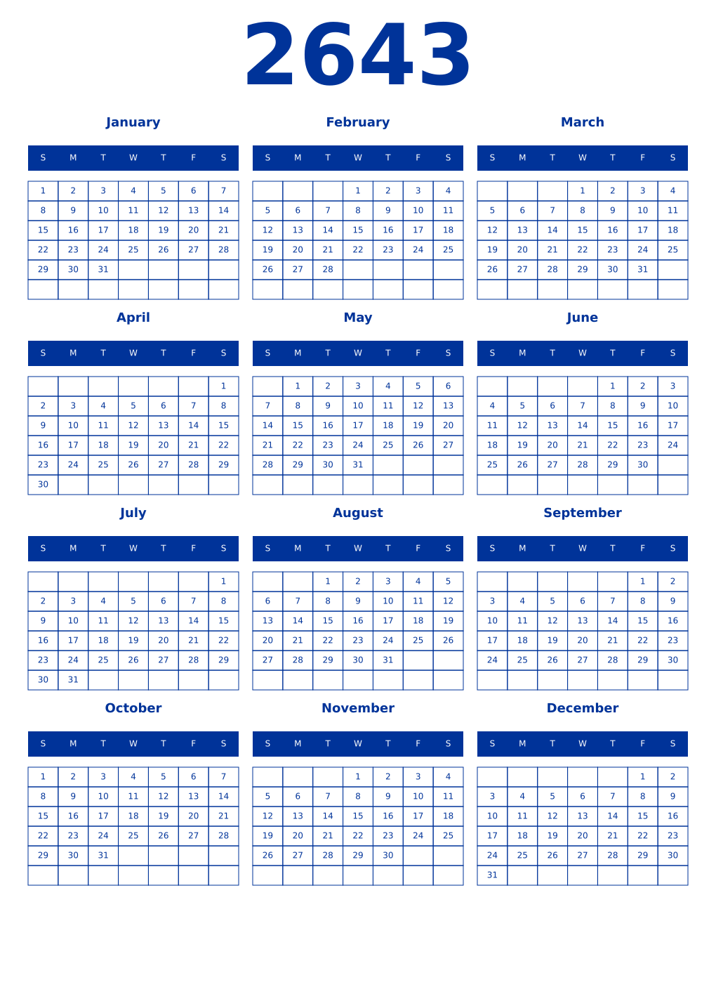 Printable 2643 Year Calendars smalt