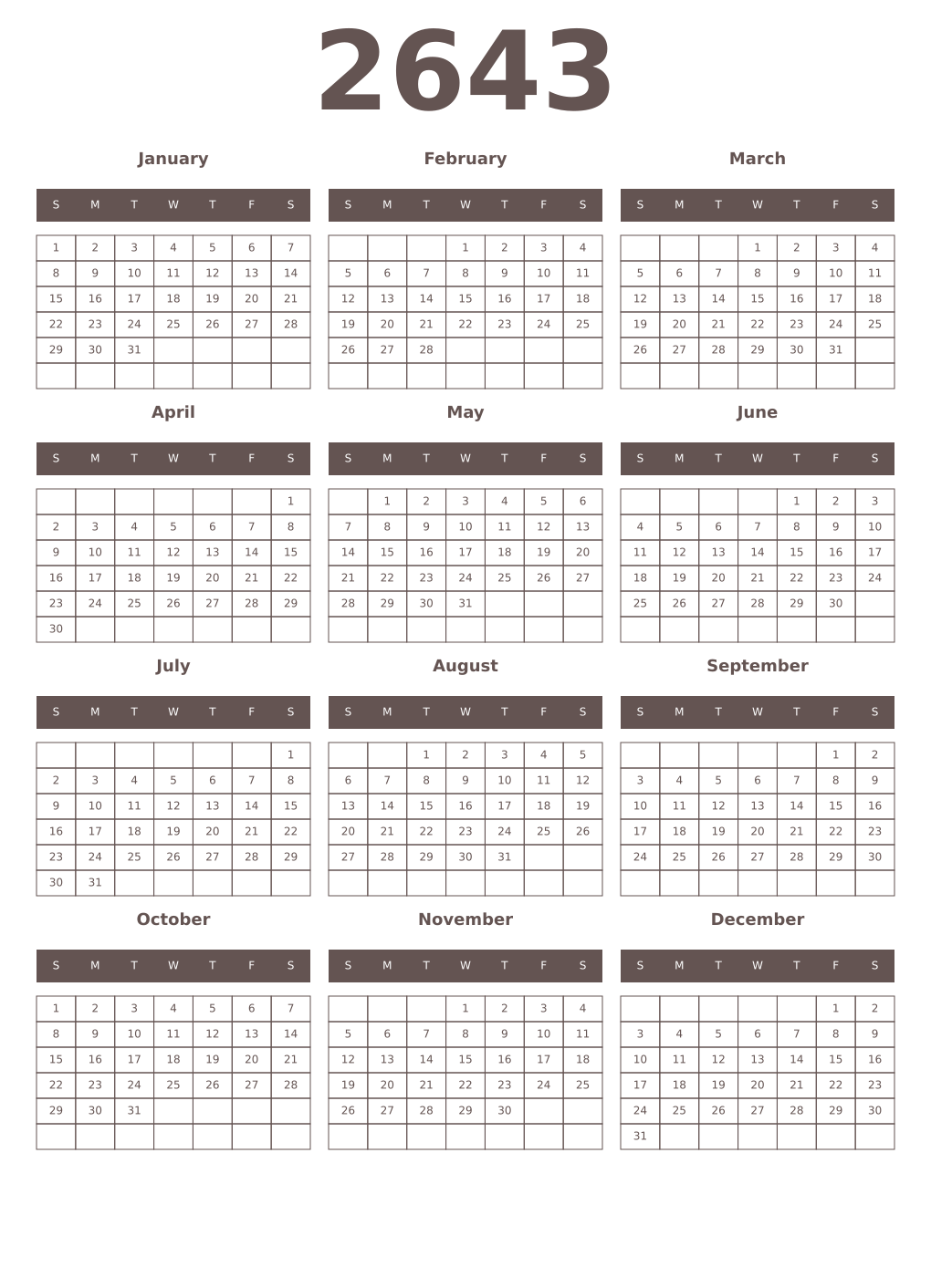 Printable 2643 Year Calendars wenge