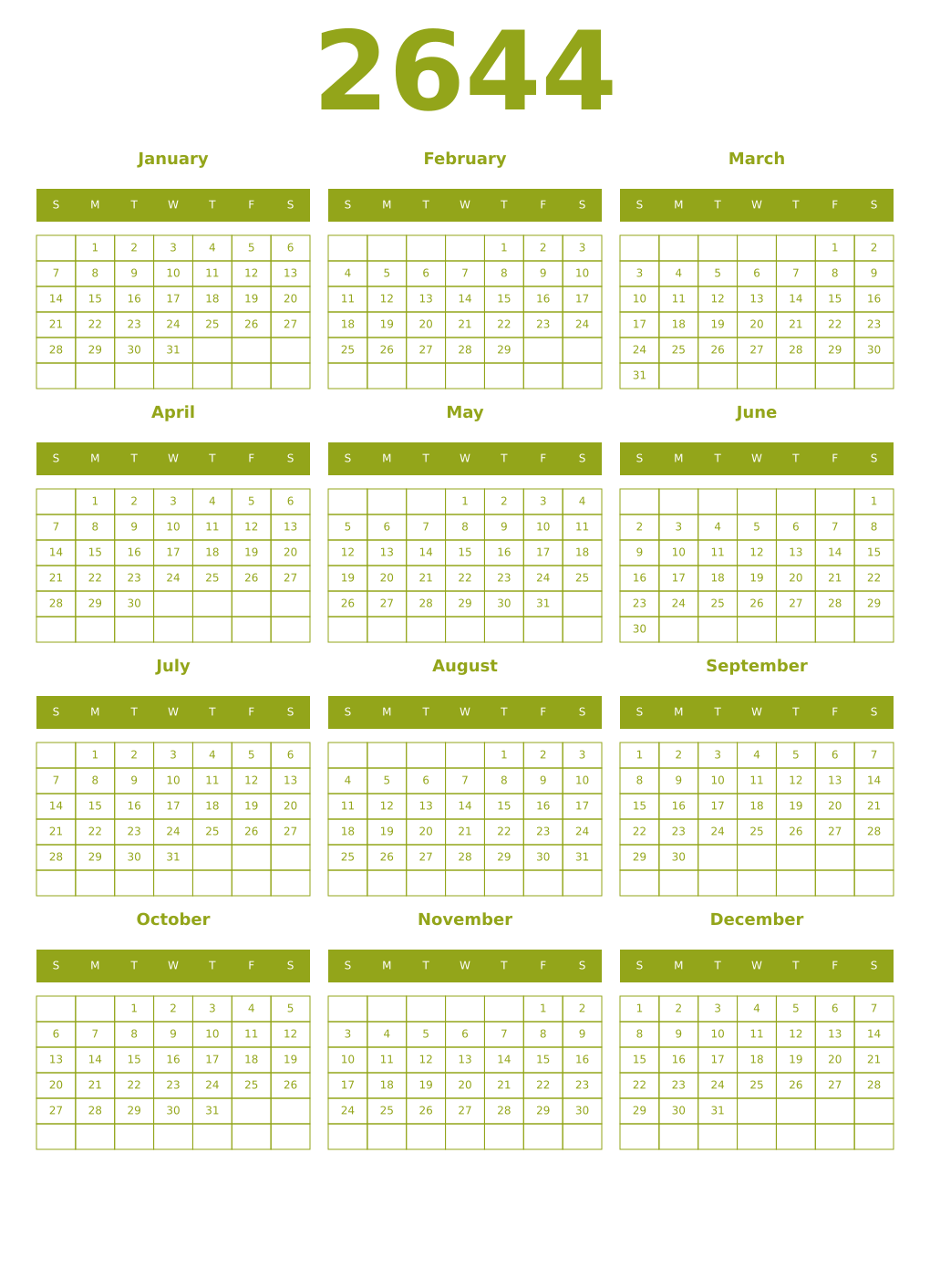 Printable 2644 Year Calendars chartreuse
