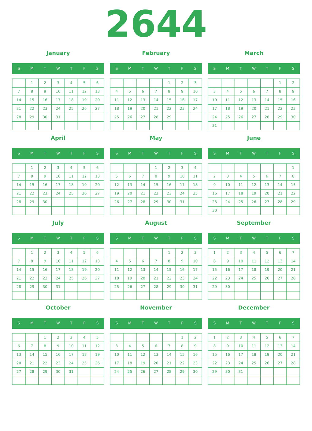Printable 2644 Year Calendars green