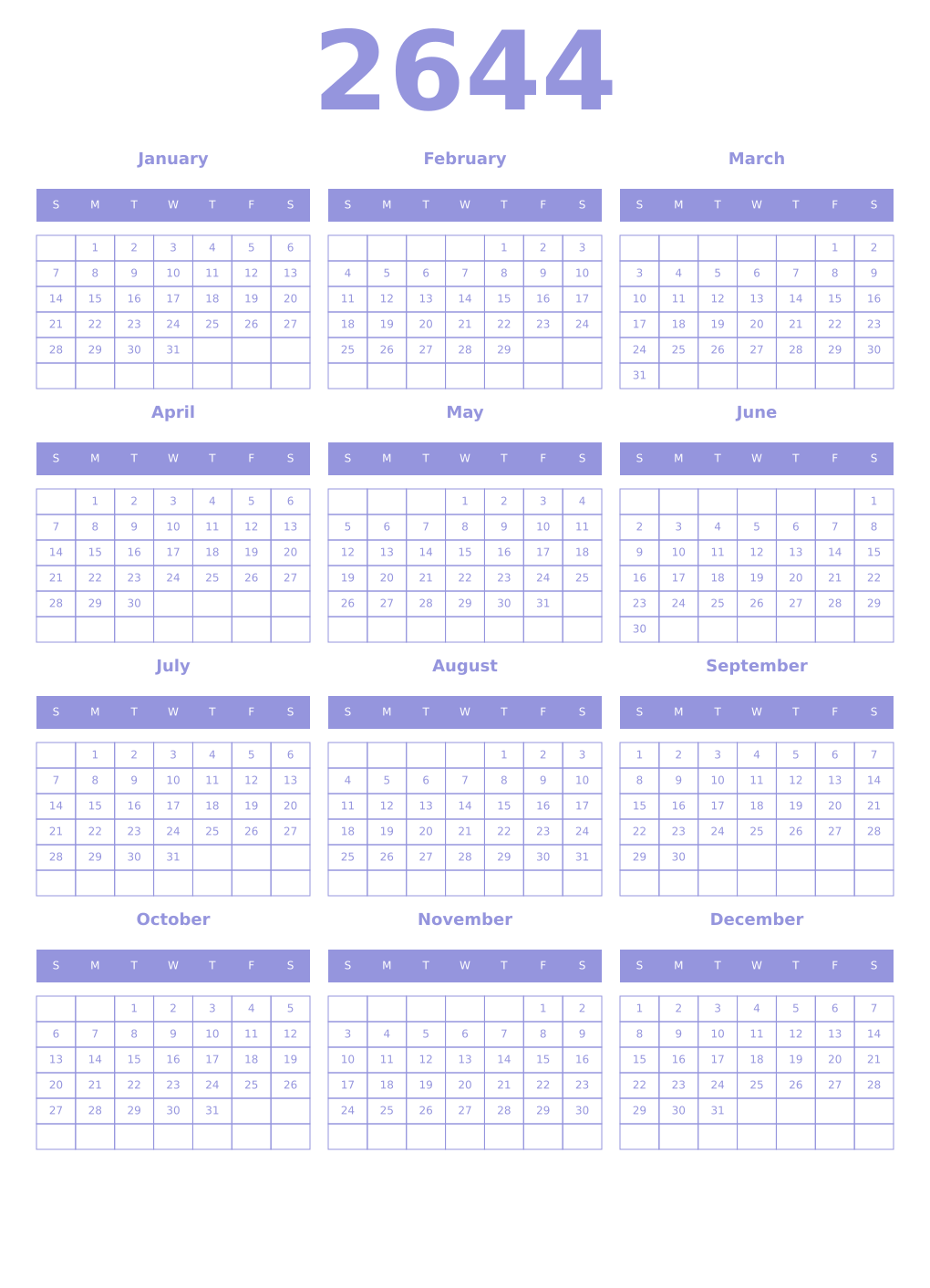 Printable 2644 Year Calendars periwinkle