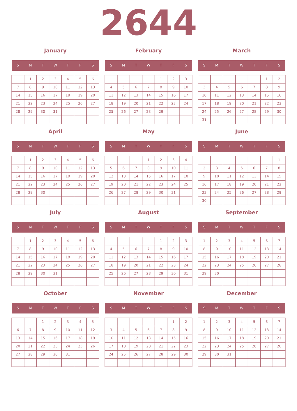 Printable 2644 Year Calendars puce