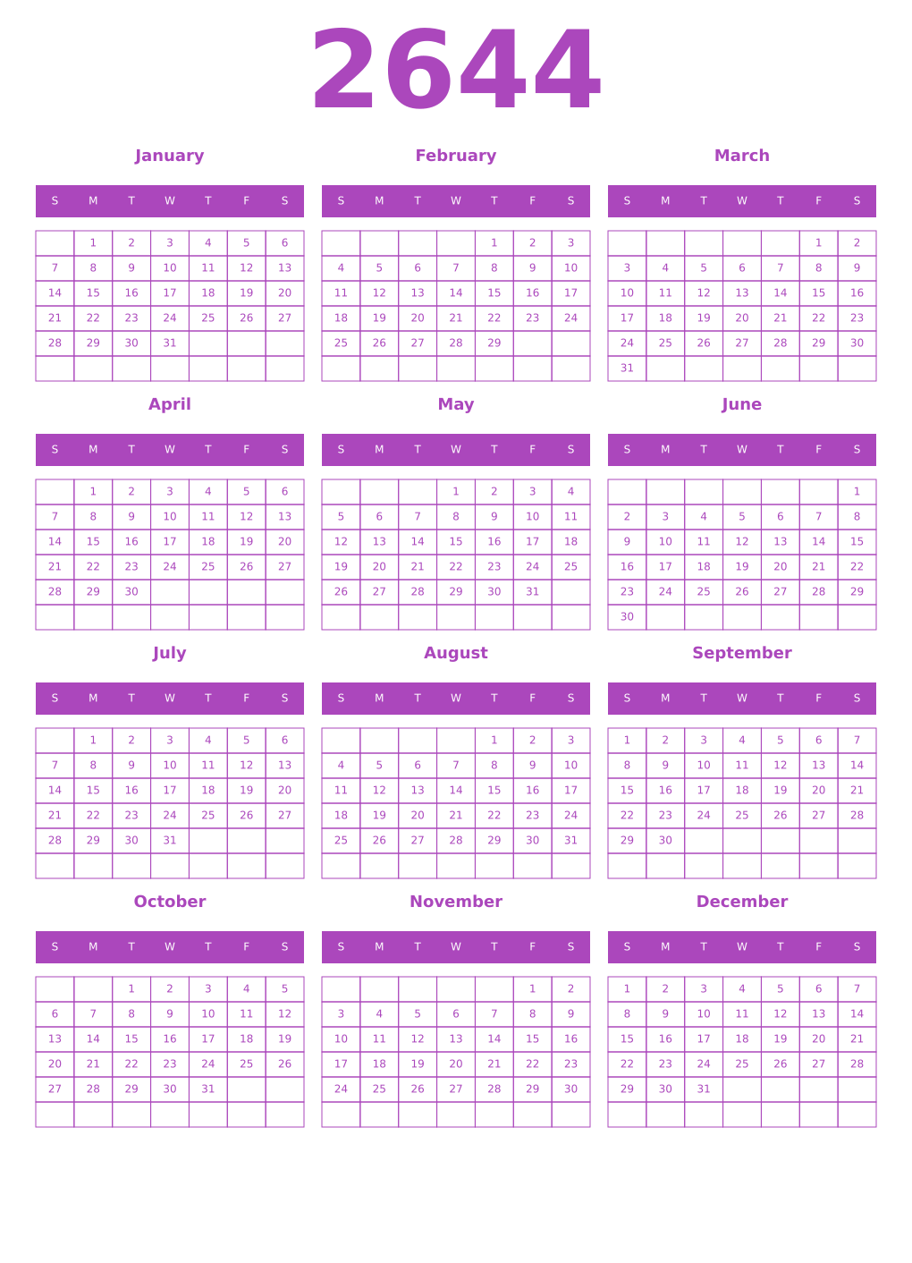 Printable 2644 Year Calendars purple