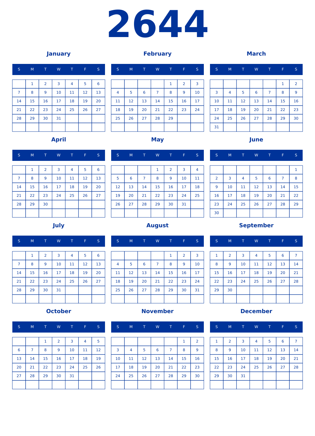 Printable 2644 Year Calendars smalt