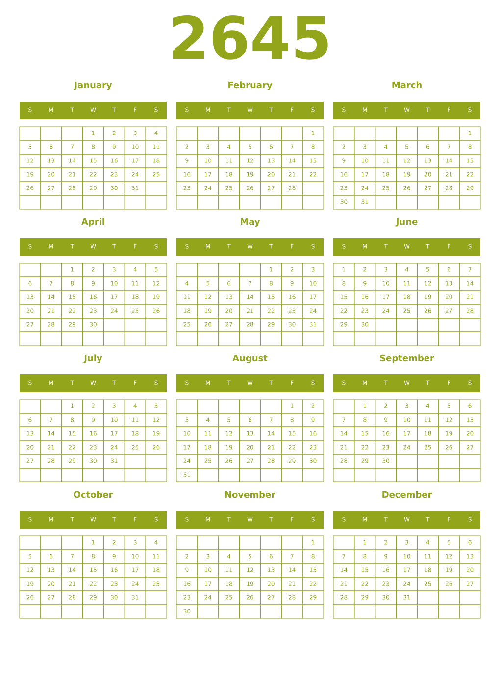 Printable 2645 Year Calendars chartreuse