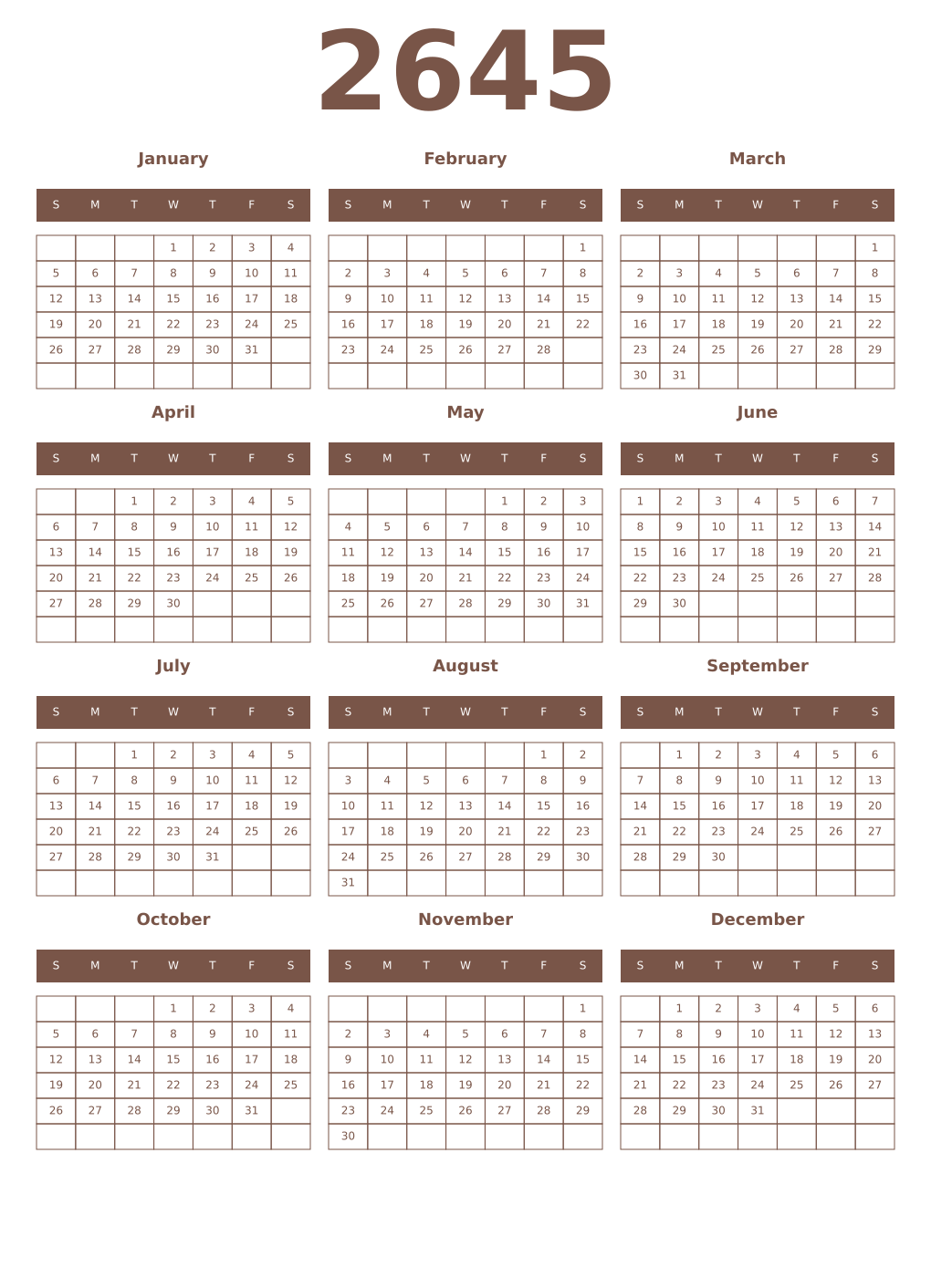 Printable 2645 Year Calendars coffe