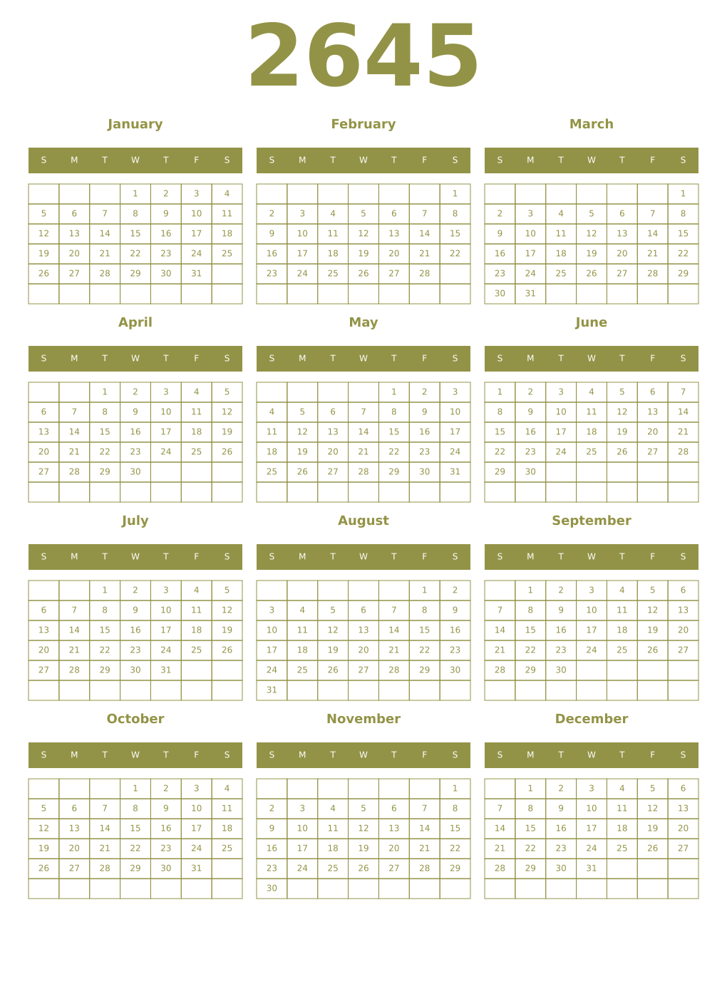 Printable 2645 Year Calendars eburnean