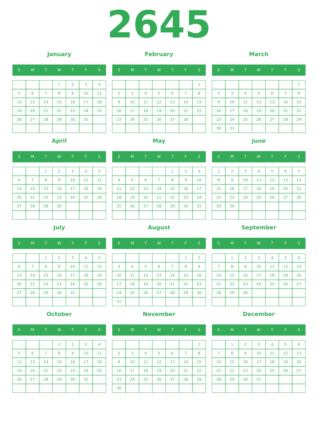 Printable 2645 Year Calendars green