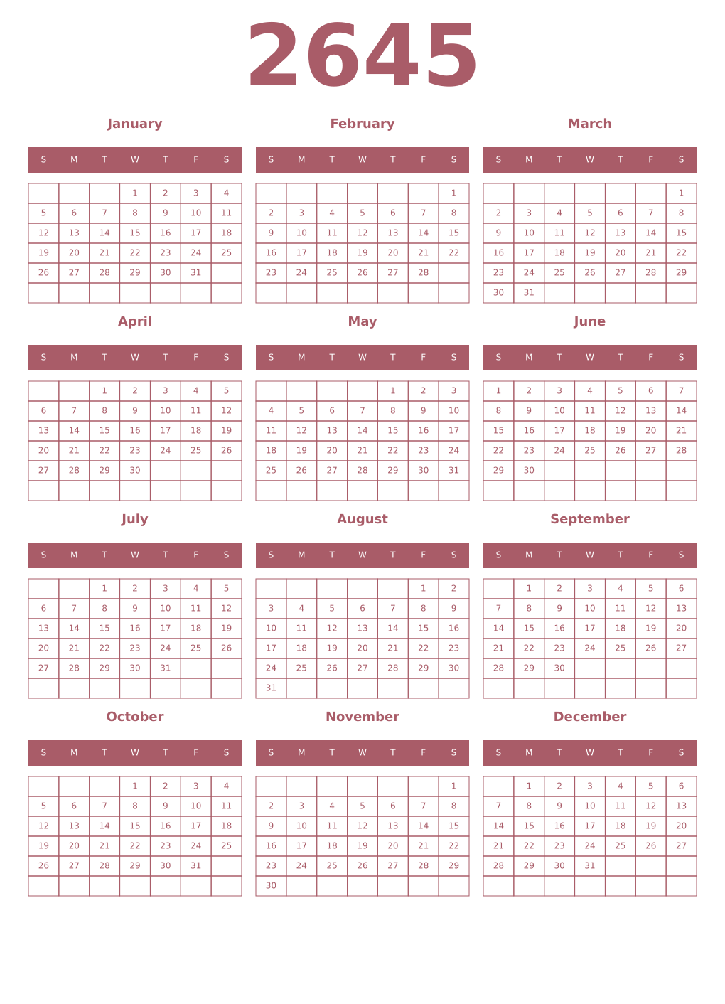 Printable 2645 Year Calendars puce
