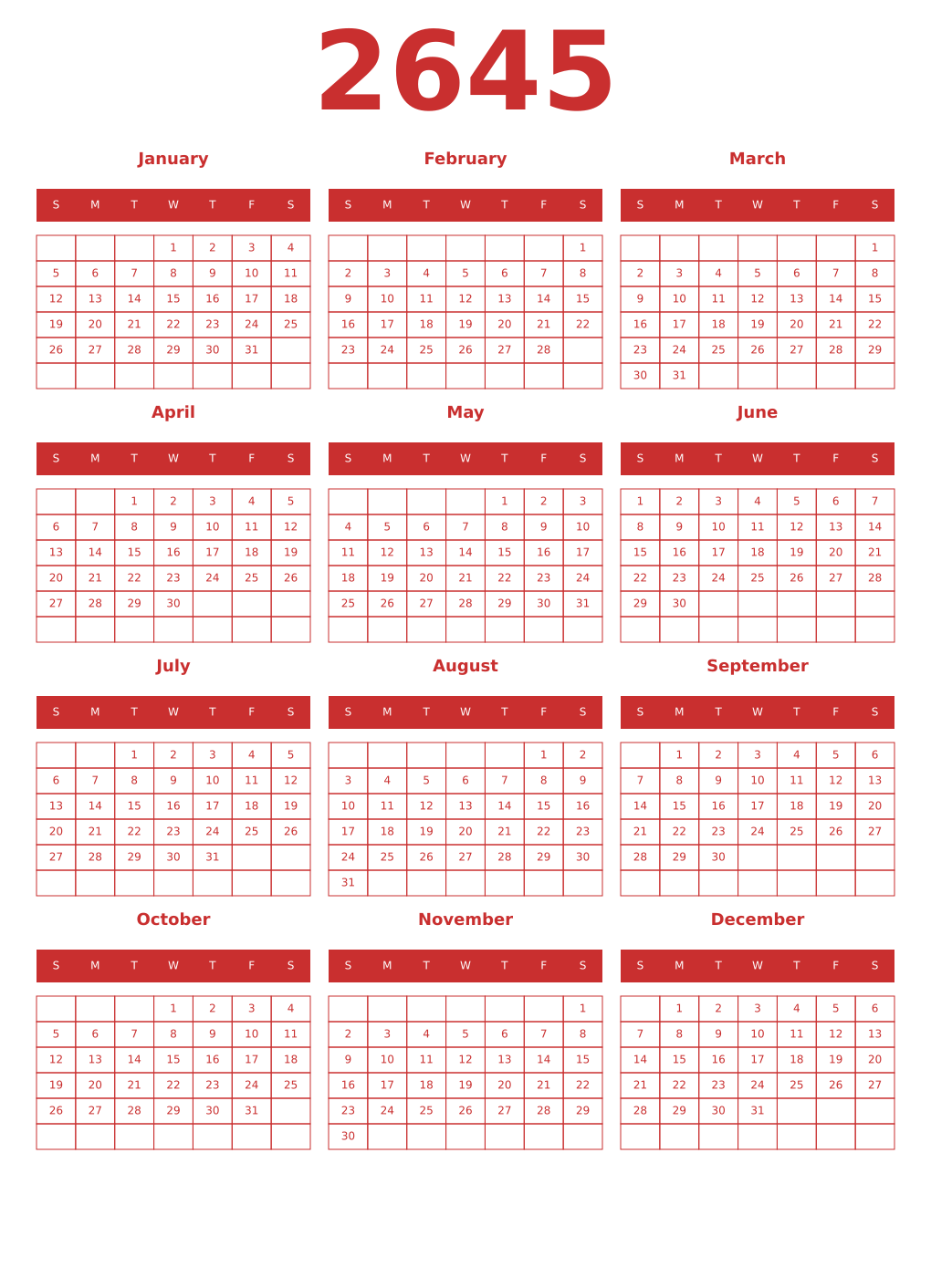 Printable 2645 Year Calendars red