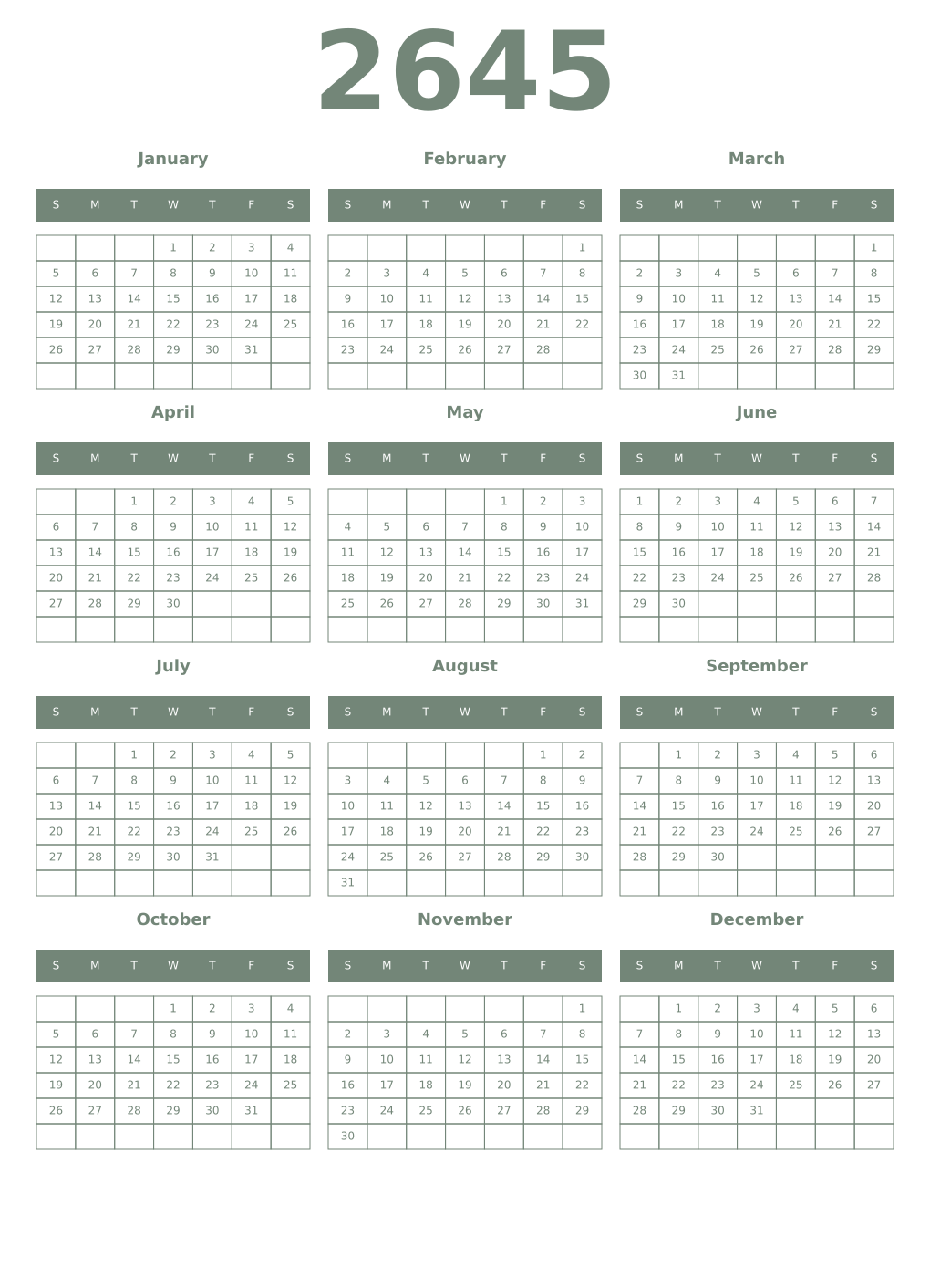 Printable 2645 Year Calendars xanadu
