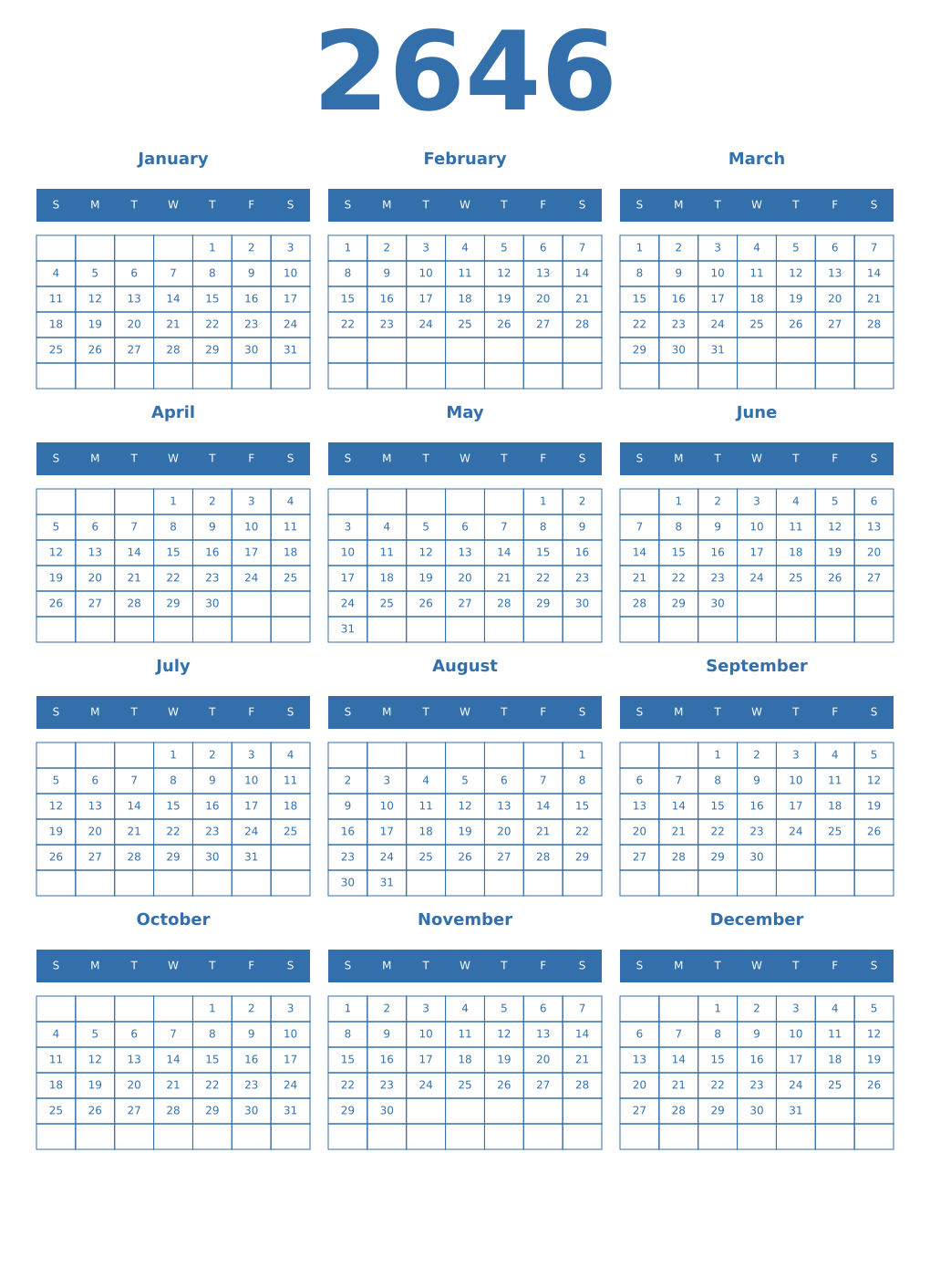 Printable 2646 Year Calendars blue
