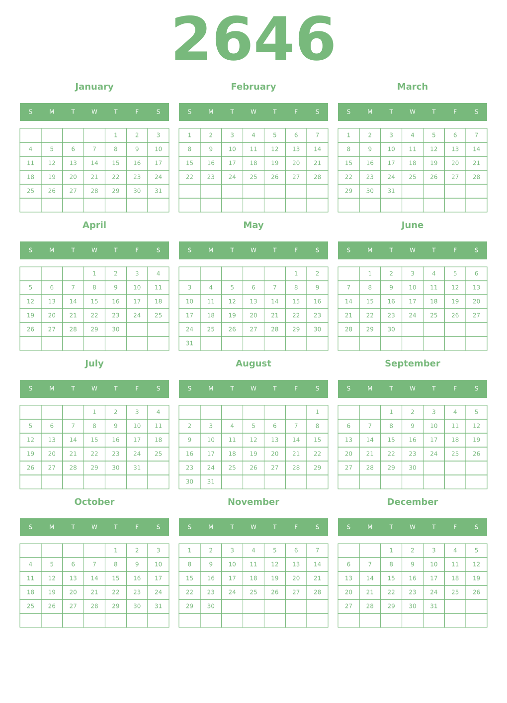Printable 2646 Year Calendars celadon