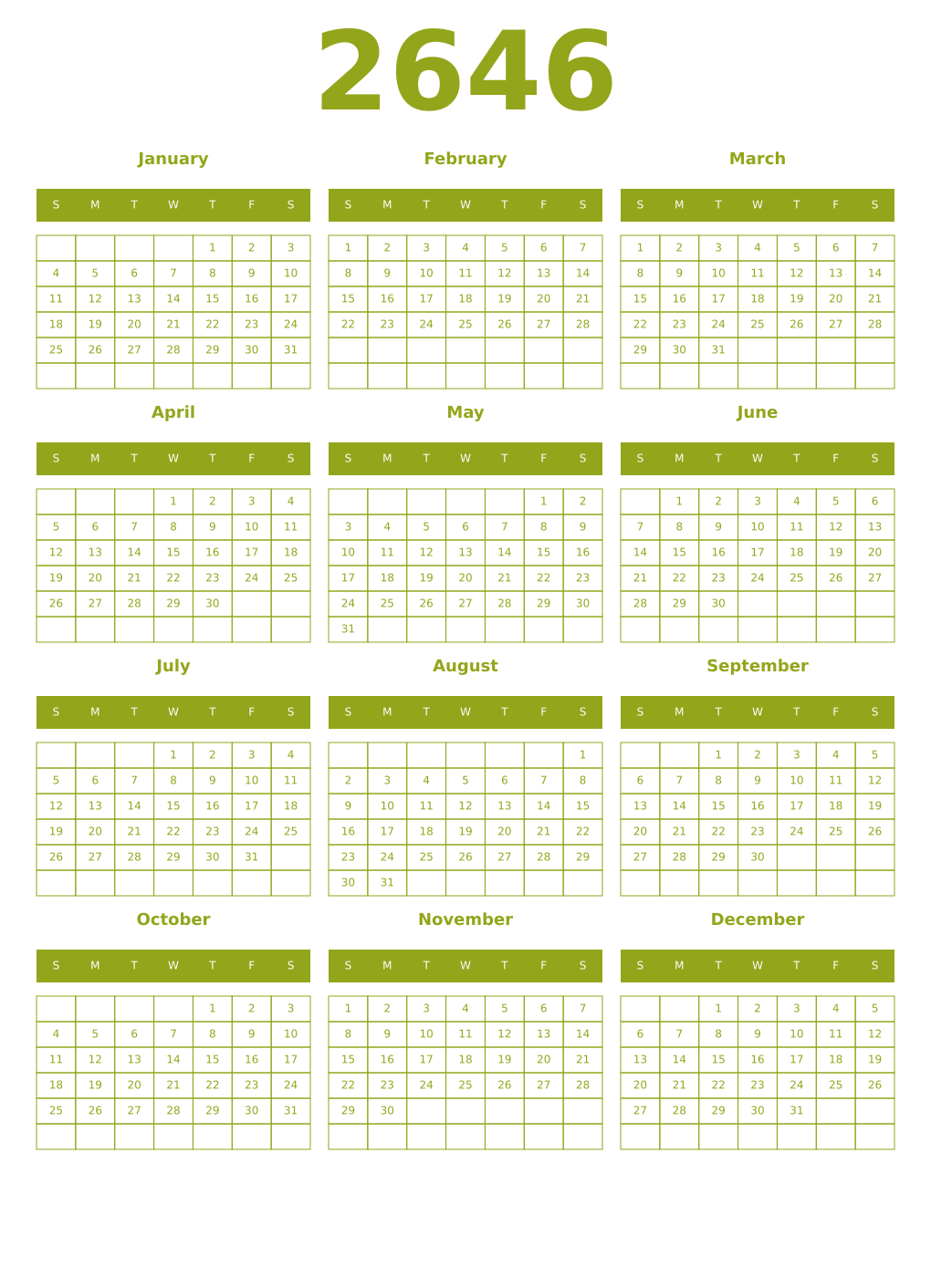 Printable 2646 Year Calendars chartreuse