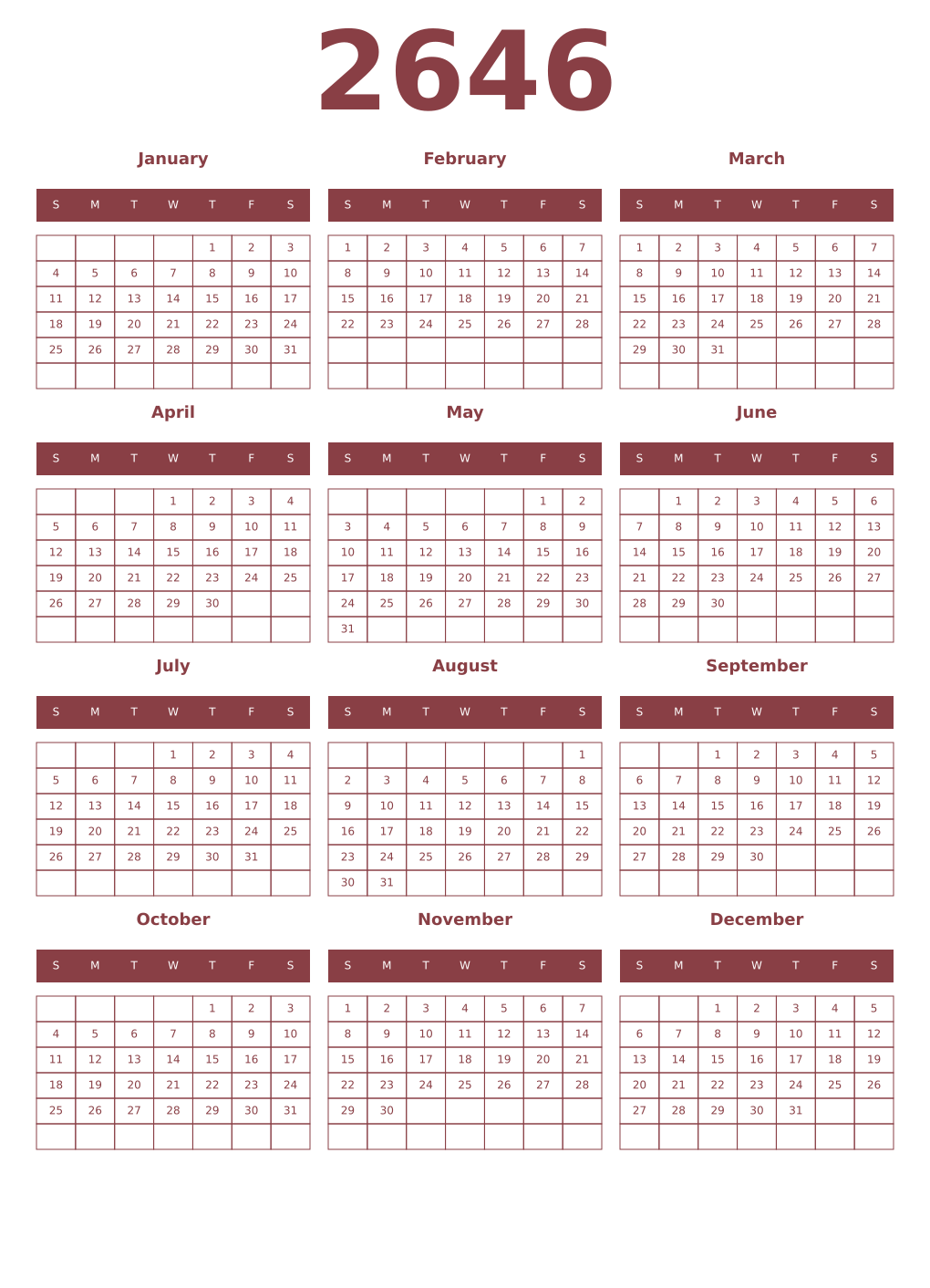 Printable 2646 Year Calendars cordovan