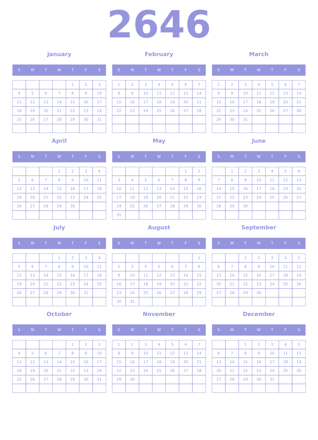 Printable 2646 Year Calendars periwinkle