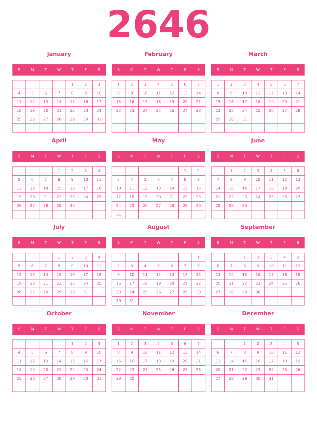 Printable 2646 Year Calendars pink
