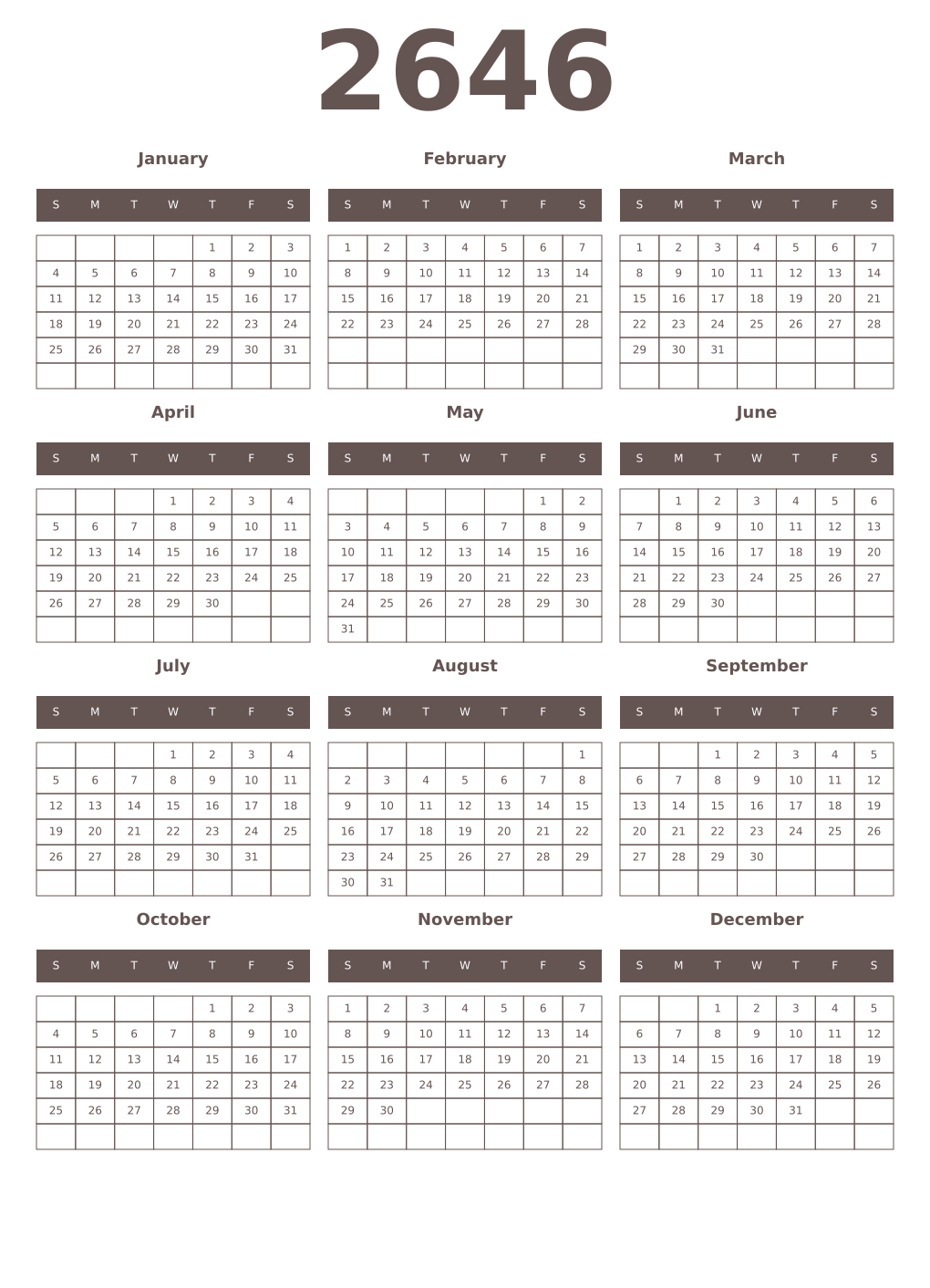 Printable 2646 Year Calendars wenge