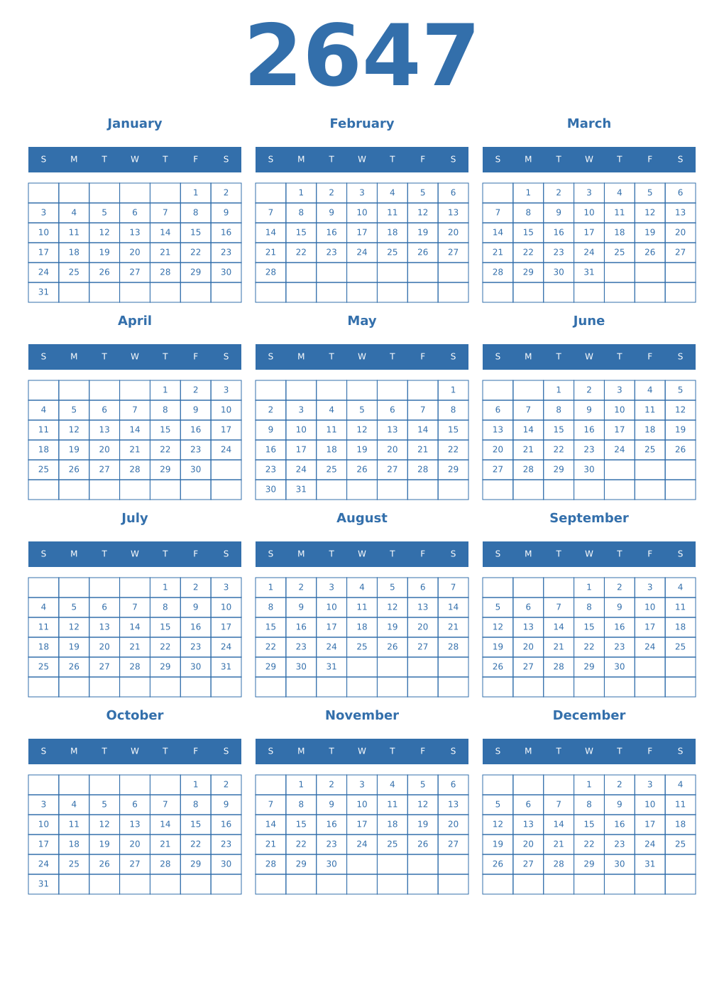 Printable 2647 Year Calendars blue