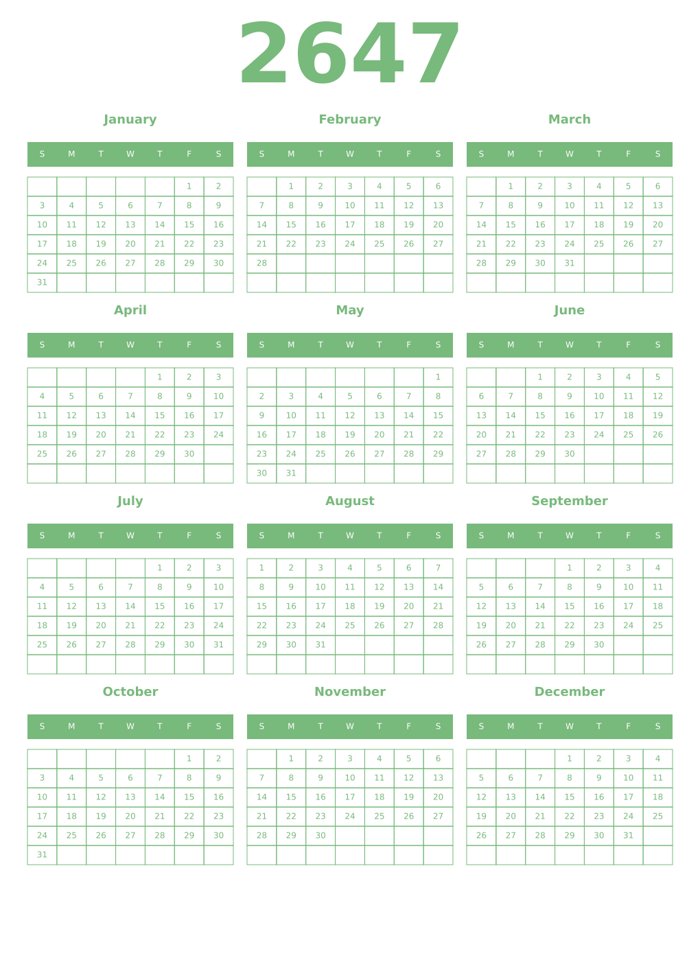 Printable 2647 Year Calendars celadon