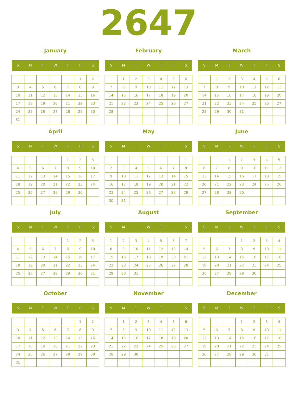 Printable 2647 Year Calendars chartreuse