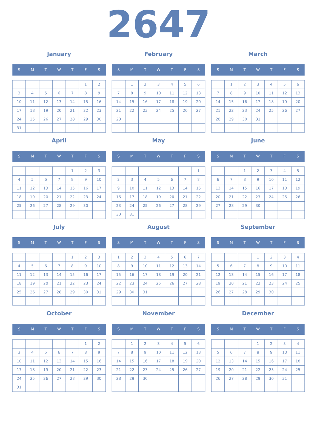 Printable 2647 Year Calendars glaucous