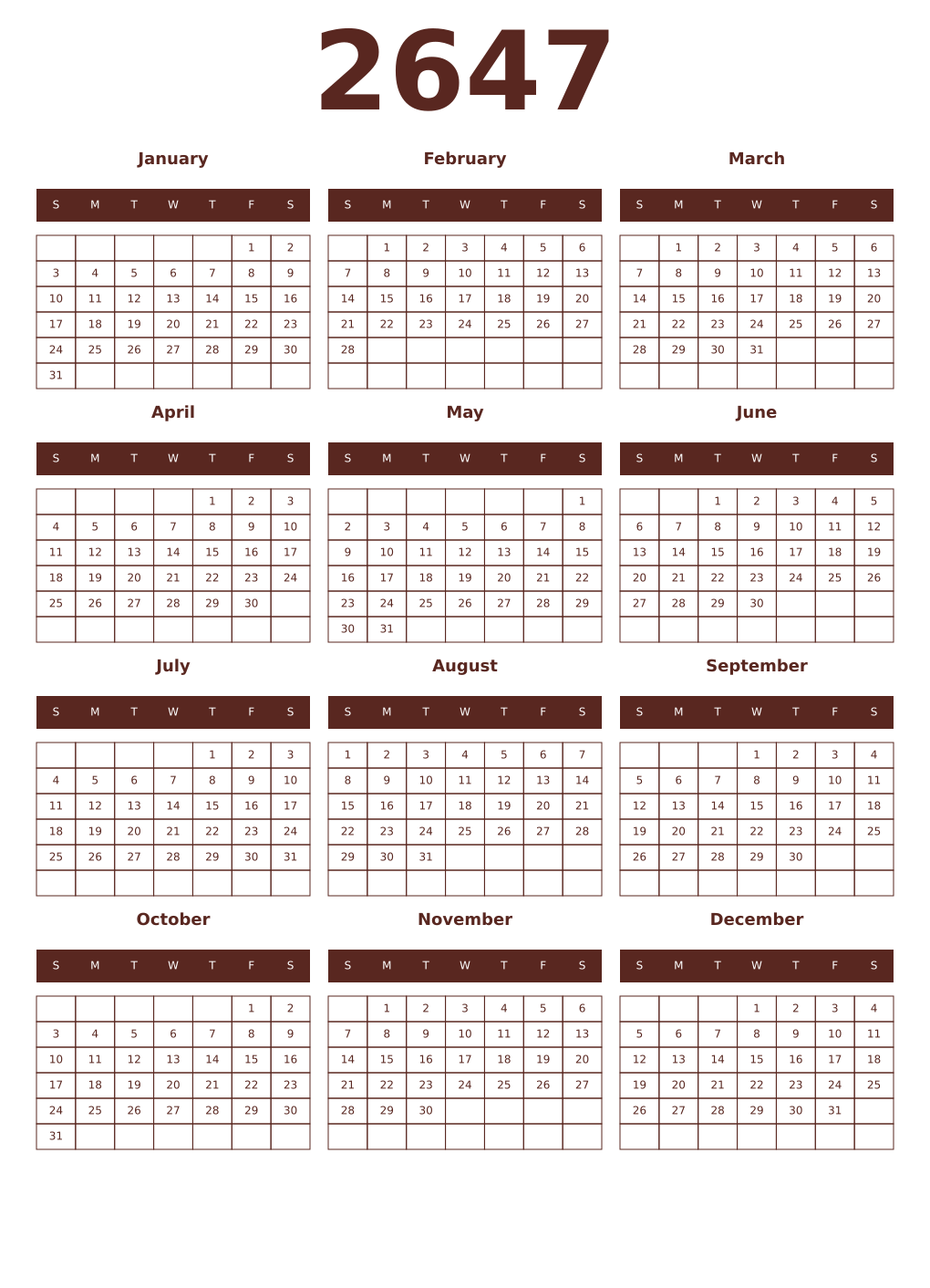 Printable 2647 Year Calendars mortuum