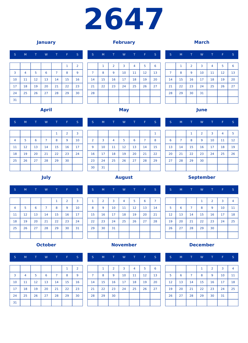 Printable 2647 Year Calendars smalt
