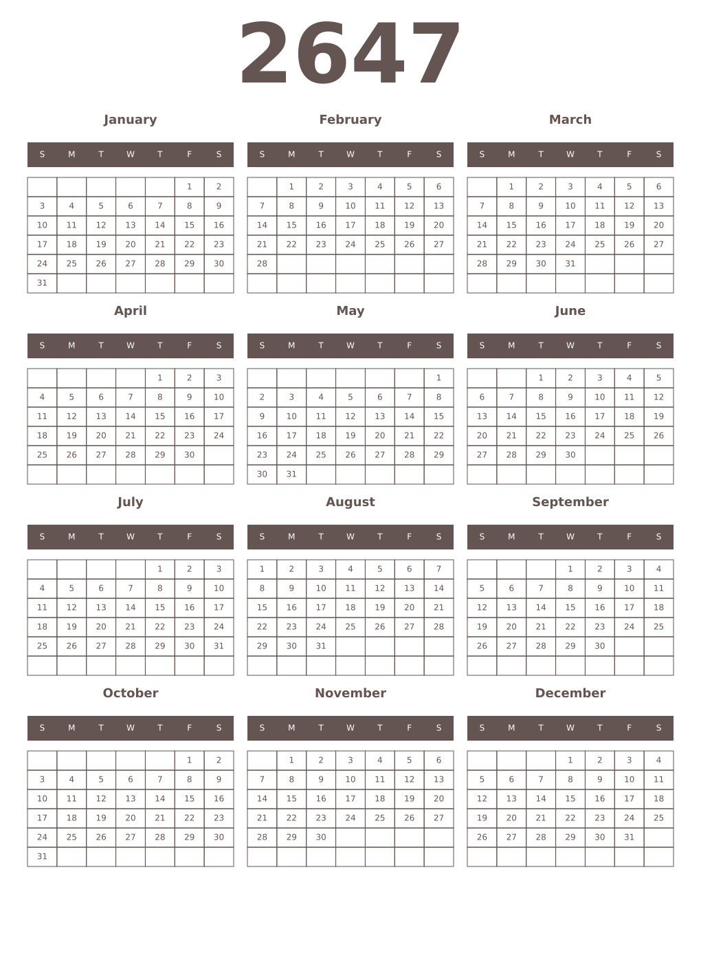 Printable 2647 Year Calendars wenge